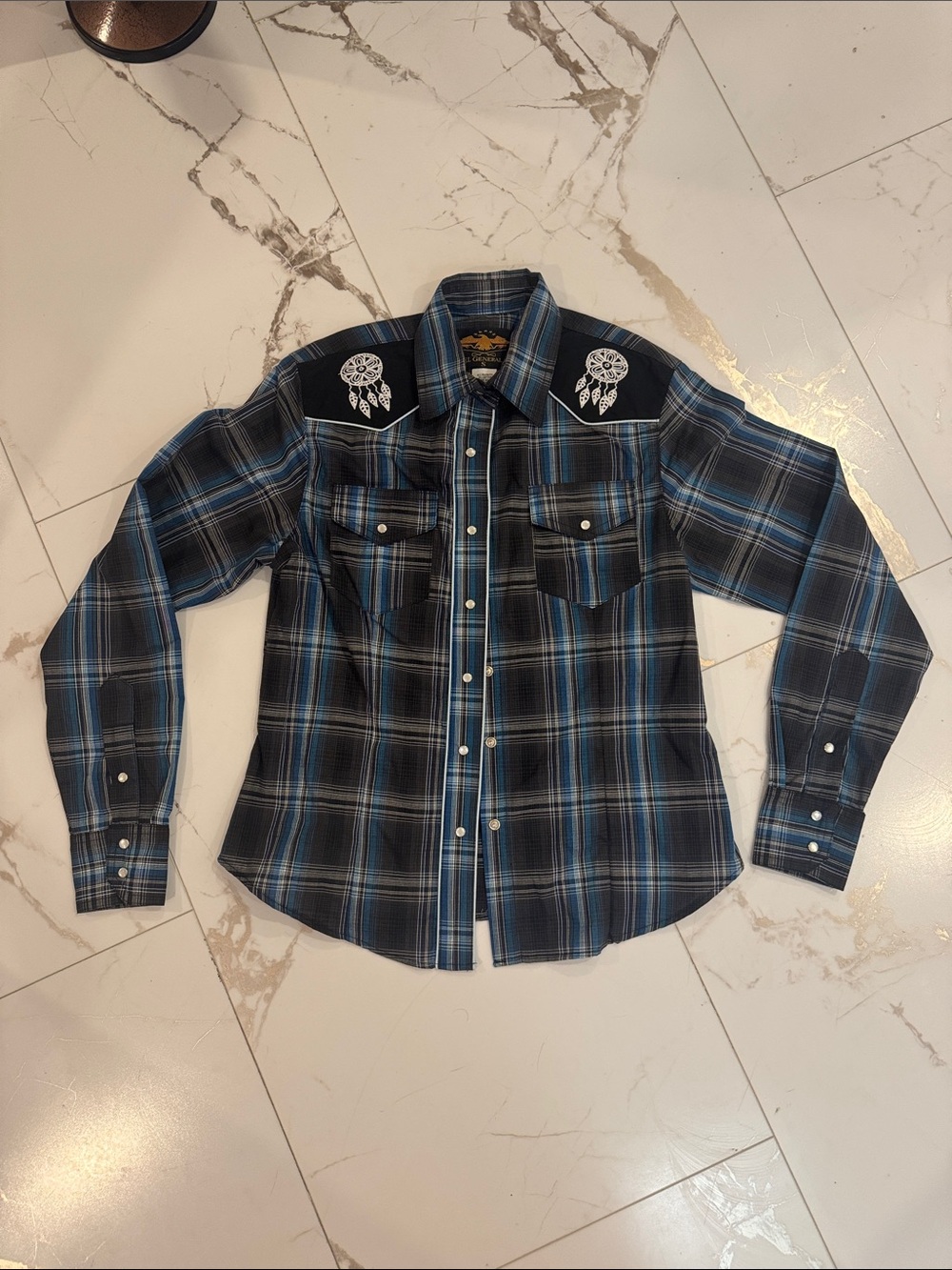 El General Blue and Black Plaid Western Shirt with Embroidered Shoulder Patches